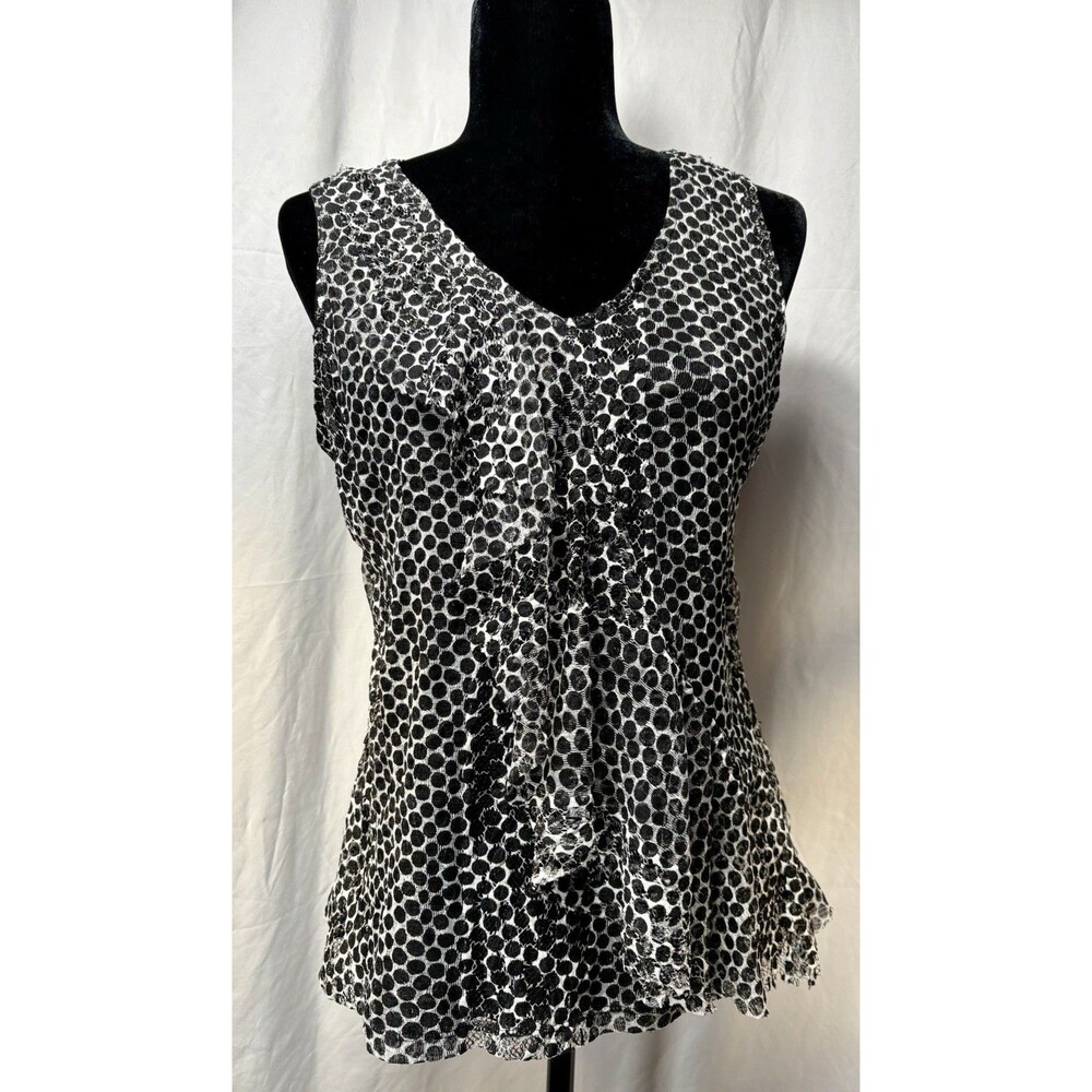 Chico's Black White Polka Dot Mesh Ruffle V-Neck Sleeveless Tank Top 1 Medium